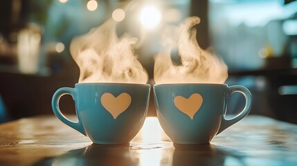 Two coffee cups placed side by side with heart-shaped steam rising from each
