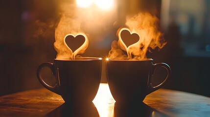 Two coffee cups placed side by side with heart-shaped steam rising from each