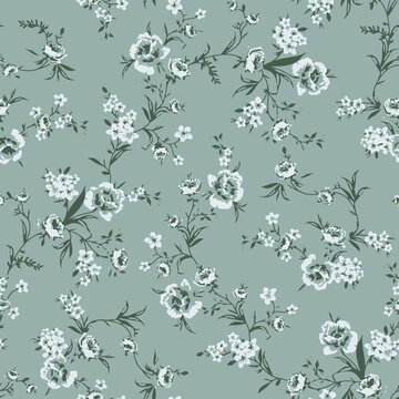 Seamless floral pattern, classic flower ornament, abstract ditsy print in vintage motif. Elegant botanical design of beautiful large wild flowers, leaves, small branches, herbs. Vector illustration.