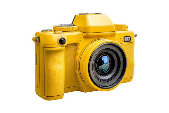 Yellow DSLR photo camera isolated on transparent background
