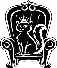 A cute cat sitting on a throne isolated creative vector art, cat sitting on a throne silhouette vector illustration, cat sitting on a throne line art vector icon design