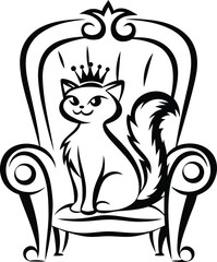 A cute cat sitting on a throne isolated creative vector art, cat sitting on a throne silhouette vector illustration, cat sitting on a throne line art vector icon design
