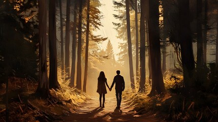 Couple holding hands while walking through a forest path surrounded by tall trees