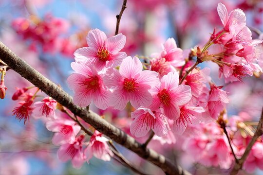 Blossoming pink flowers against a blue sky