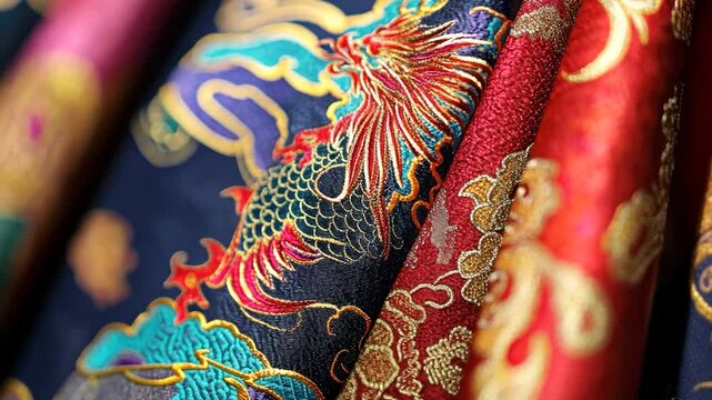 Embroidered Chinese Fabric, Dragons & Clouds