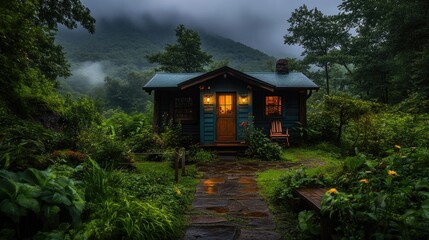 Cozy cabin nestled in a misty mountain landscape at twilight.  Peaceful, rustic retreat