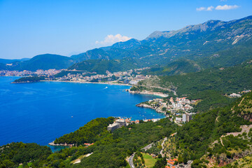 Aerial view of Pržno, a small village in the municipality of Budva on the coast of the Adriatic Sea in Montenegro