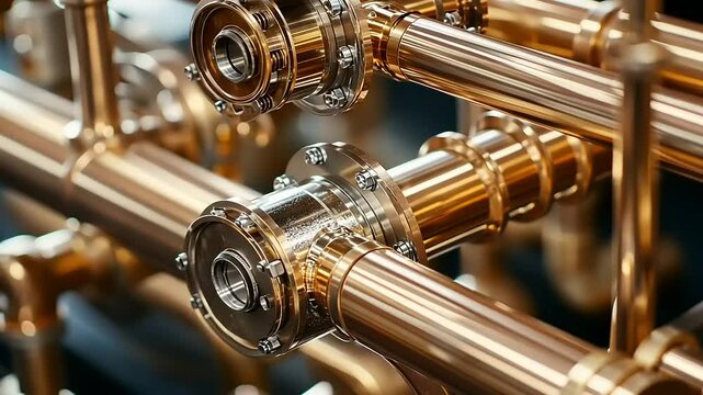 Close-up of shiny brass pipes and valves in a modern industrial setting with blurred machinery in background