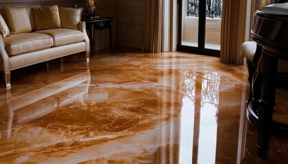 polished marble floor created with epoxy resin in a bright room, reflecting colors and light, embodying luxury and elegance in home design