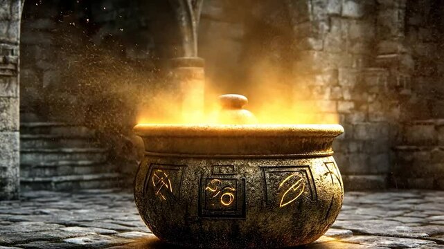 Ancient cauldron glowing in dungeon