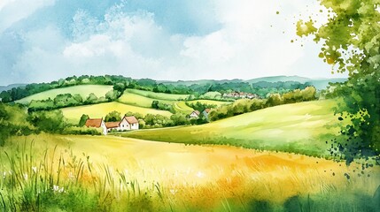 Naklejka premium Picturesque countryside scenery with green hills and cozy village houses