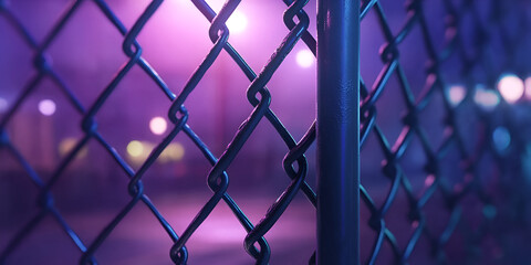 Fototapeta premium Chain-Link Fence with Neon Lights and Blurred Background