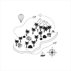 Hand-drawn island map with palm trees, tents, and landmarks – cartoon treasure map vector for travel adventures