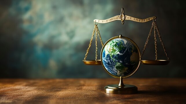 Globe on antique scales, symbolizing global balance and justice.