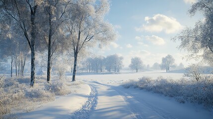Fototapeta premium Beautiful winter landscape on a cold day. A trodden path leads across the snow-covered lawn to the high mountain peaks, with trees surrounded by snowdrifts.