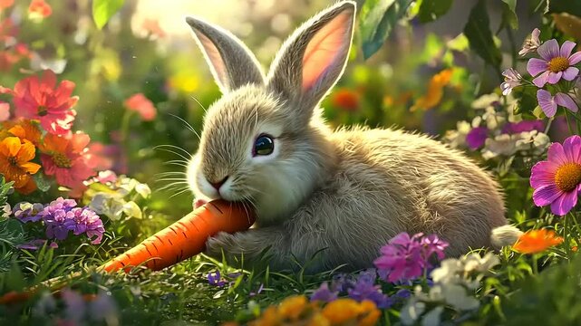Adorable bunny munching on a carrot amidst a vibrant garden filled with colorful flowers and greenery
