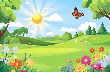 A sunny summer landscape vector illustration shows a flower meadow under a blue sky with clouds