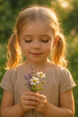 Little Girl with Pigtails Holding a Small Bouquet of Wildflowers, Soft Smile
