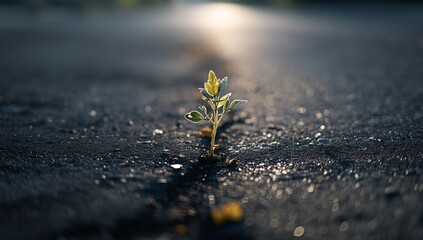 Resilience: A Tiny Sprout Breaks Through Asphalt, Showing Strength and Hope in Urban Settings