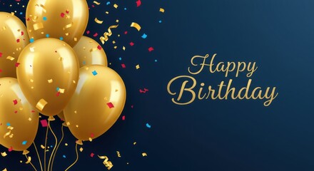 Gold balloons and confetti on a dark blue background with happy birthday text.