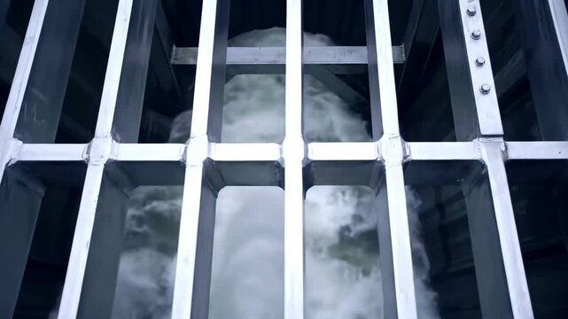 Top-Down View of Water Flowing Through a Metal Grate, Capturing the Dynamic Motion of Liquid Below in a Hydraulic Structure