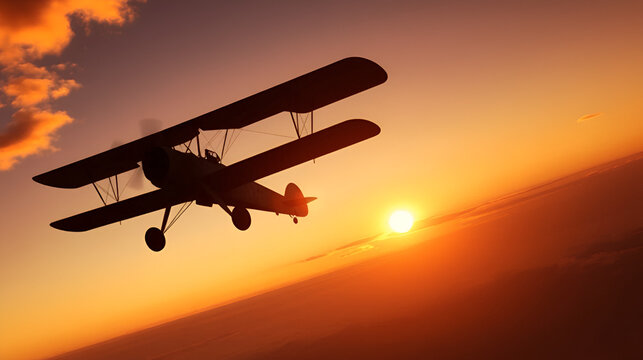 Old Fokker triplane flying into the sunset