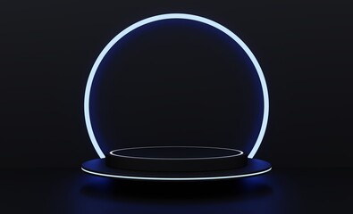 Black podium, black background with neon lights for promoting quality modern technology products. 3d illustration.