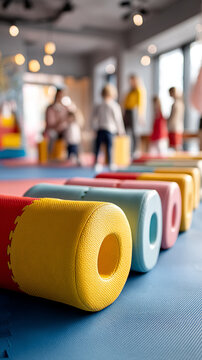 Ni&ntilde;os rodando sobre colchonetas en un gimnasio interior