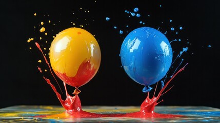 Paint splatters created by throwing paint-filled balloons, fun, playful, abstract