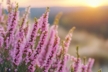 Pink heather blossoms in sunset light
