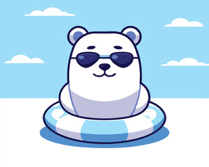 Fototapeta premium Cool Cartoon Polar Bear on Swim Ring.