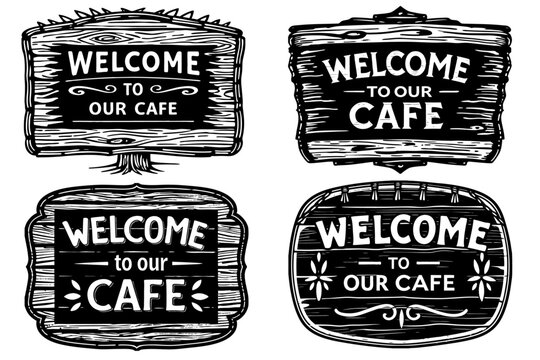 Hand-painted wooden sign saying 'Welcome to Our Café' with rustic charm