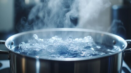 A stainless steel pot with boiling water and steam, close-up, cooking, healthy eating