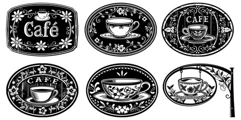 Shabby chic café sign with teacup illustration and floral borders