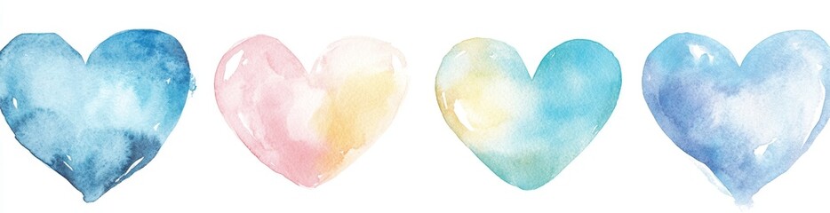 Four Watercolor Hearts in Pastel Hues