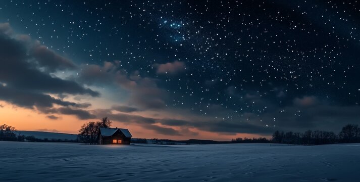 Peaceful winter night scene with a cozy cabin under a starry sky