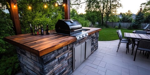 backyard barbeque grill and bar with patio furniture in backyard garden of suburban home