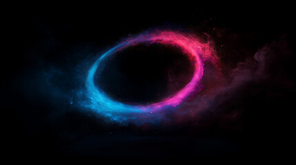 A celestial dance of cosmic dust, swirling in vibrant pink and blue hues against a dark, starlit void.