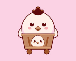 Cute Cartoon Chicken in Basket &ndash; Kawaii Animal Character with Pink Background.