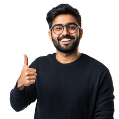 An Indian man smiling and pointing to the side