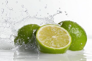Fresh limes in water splashes