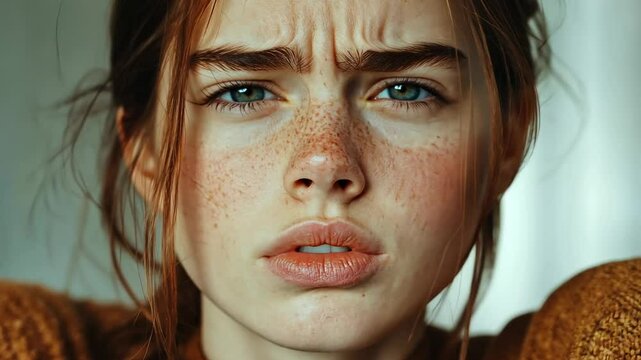 Close-up Portrait of a Freckled Young Woman with a Serious Expression