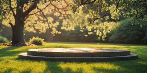 Serene garden scene with circular stone platform in lush green lawn bathed in sunlight filtering through trees