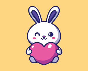 Obraz premium Cute Cartoon Bunny Holding Pink Heart on Yellow Background 