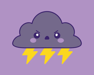 Cute Cartoon Storm Cloud with Lightning Bolts on Purple Background.
