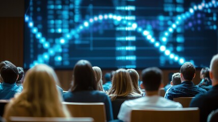 A biotechnology conference with researchers presenting findings on a big screen.