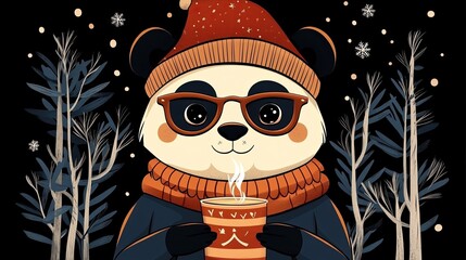 Cute panda with winter hat, sunglasses, and hot drink