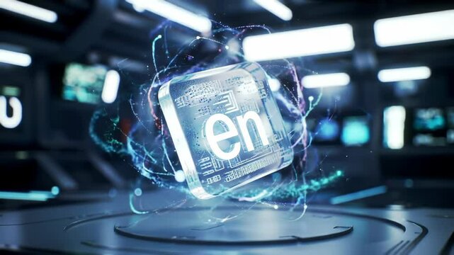 A Futuristic Digital Interface Graphic Representing Language Processing with Electronic Elements in an Abstract Cyber Environment