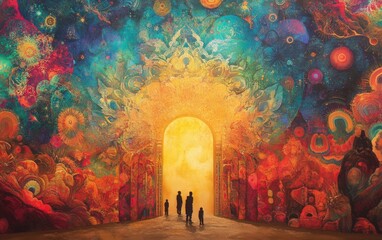 Symbolic fusion of ancient faith and modern culture in abstract light, forming a timeless visual harmony of spiritual expression.