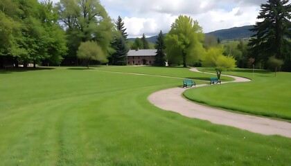 Serene landscaped park with winding paths, lush greenery and mountain views